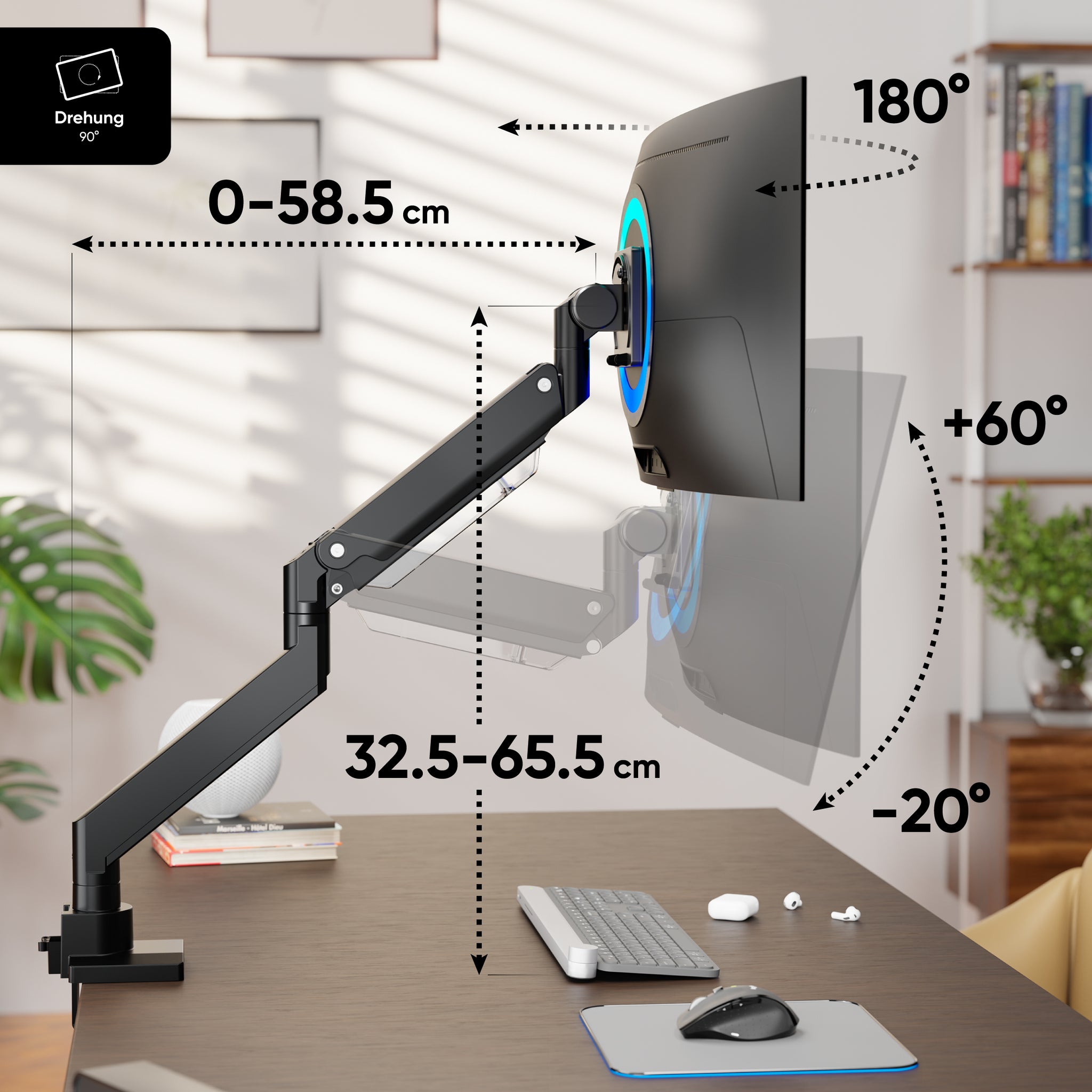 Monitor Halterung Mit Gasfeder – Höhenverstellbar Bis 57 Zoll, Schwenkbar & Neigbar, Für 2-20 Kg (weiß)